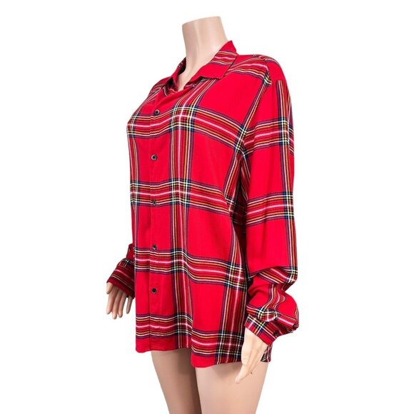 H&M Women Red Plaid Button Down Shirt SZ L Christmas Classic -Holiday Multicolor - Picture 14 of 15